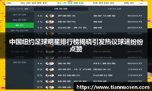 中国纽约足球明星排行榜揭晓引发热议球迷纷纷点赞